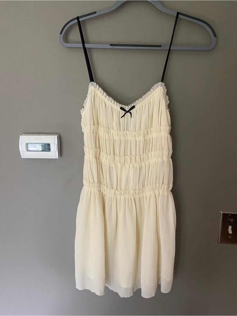 NWT ZARA Cream Ruched Babydoll Mini Dress Black Bow Cami Coquette Romantic Small - Picture 2 of 7